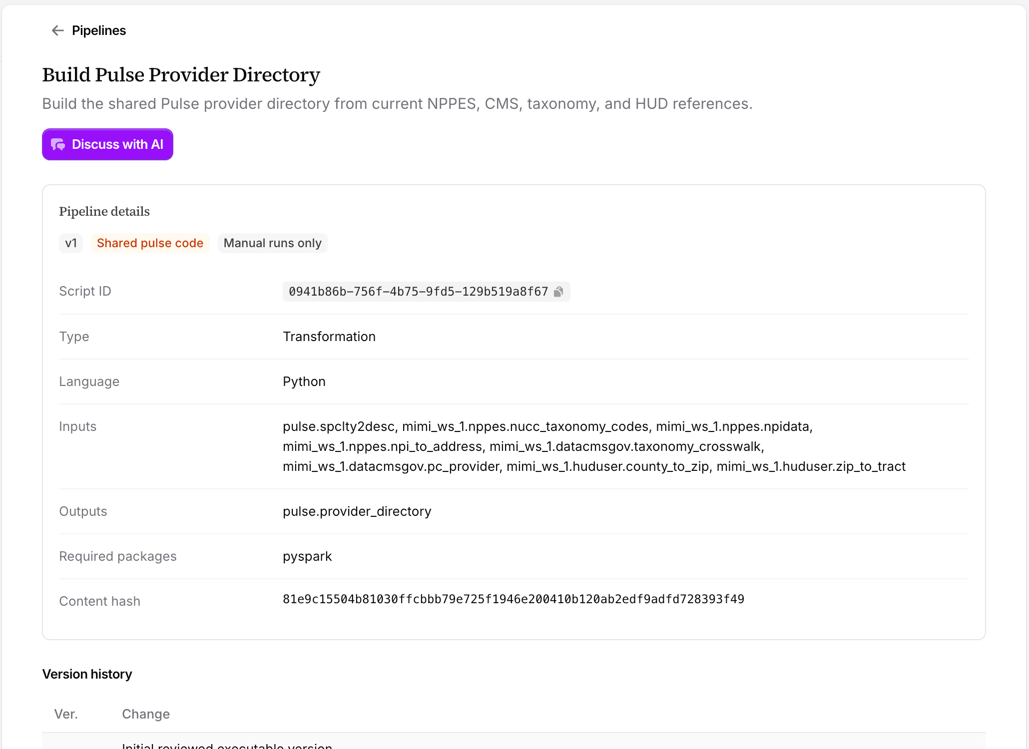 Falcon data pipeline details with visible inputs, outputs, and methodology
