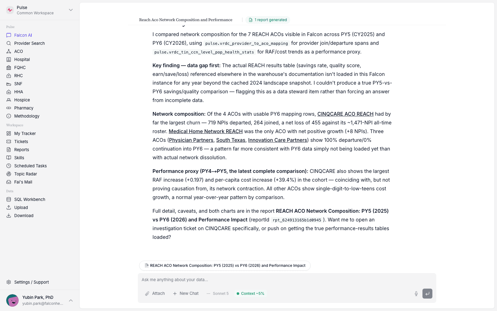Pulse's AI analysis of REACH ACO network composition, including a generated report