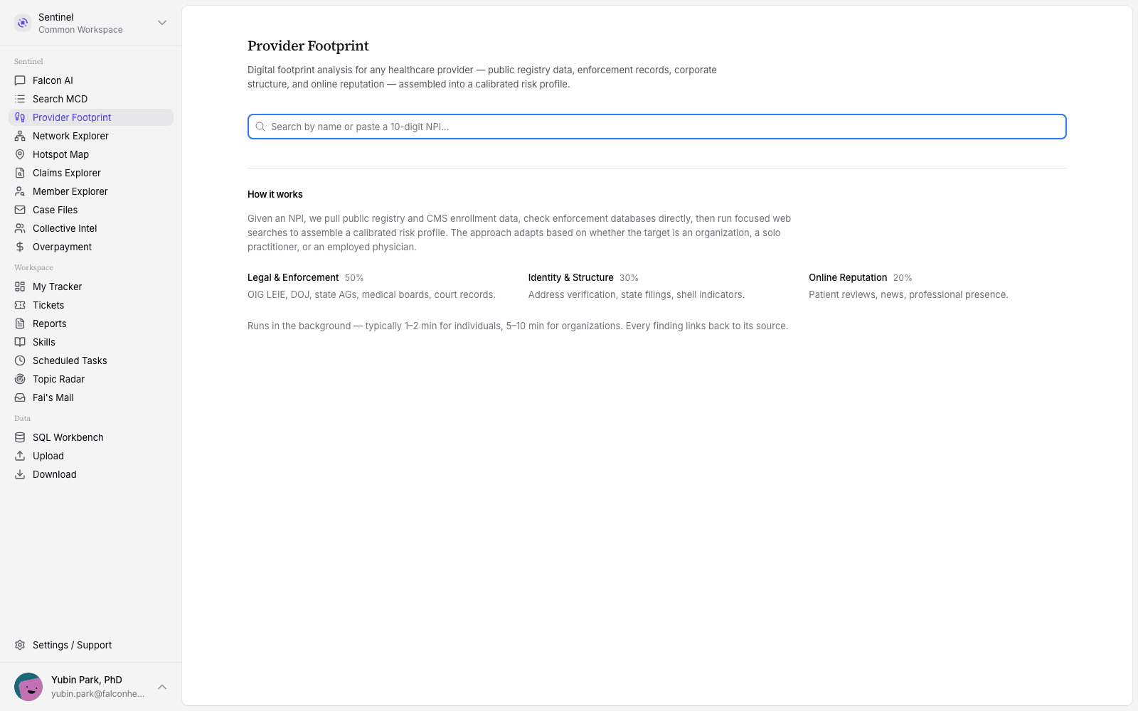Sentinel's Provider Footprint feature, showing digital footprint analysis for a healthcare provider