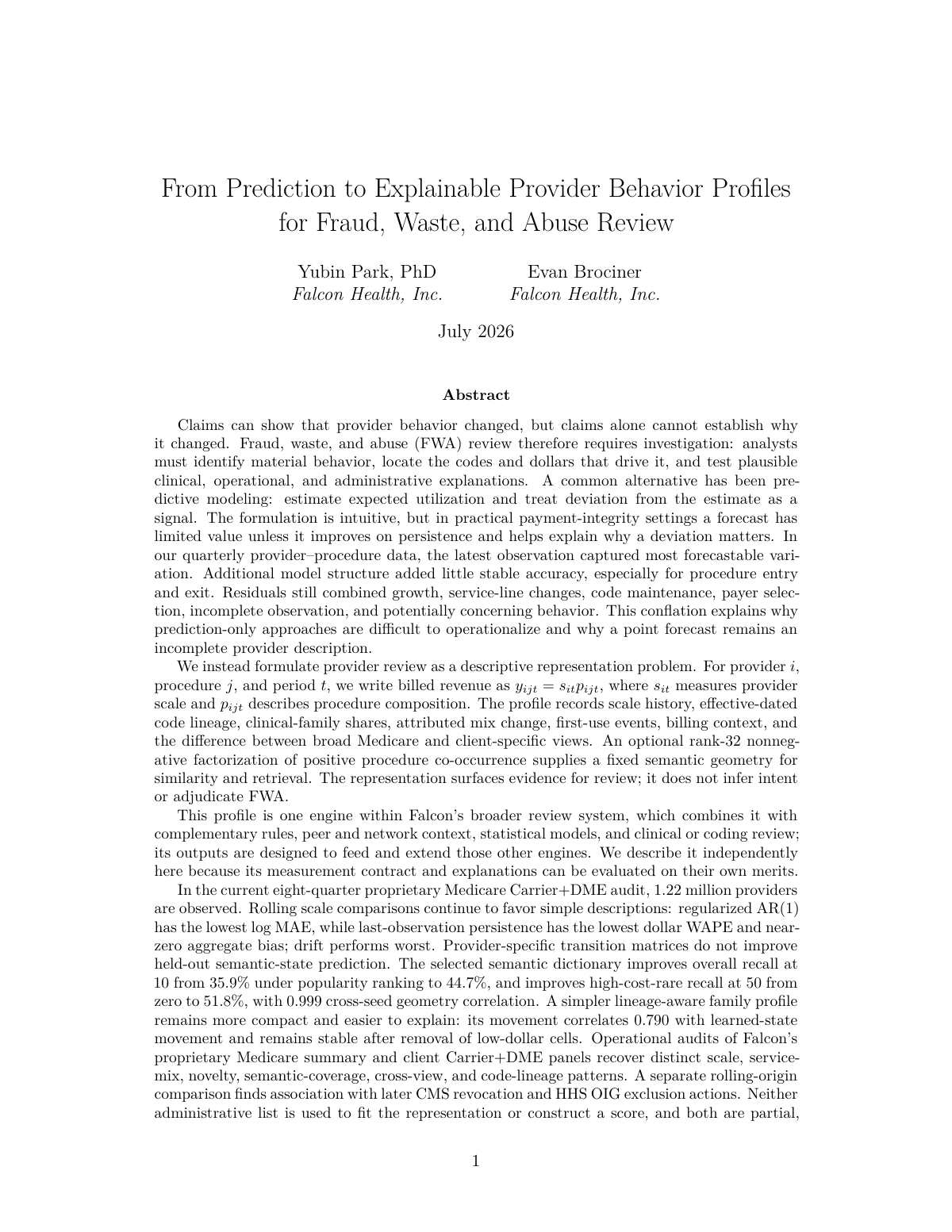 Preview of Explainable Provider Behavior Profiles