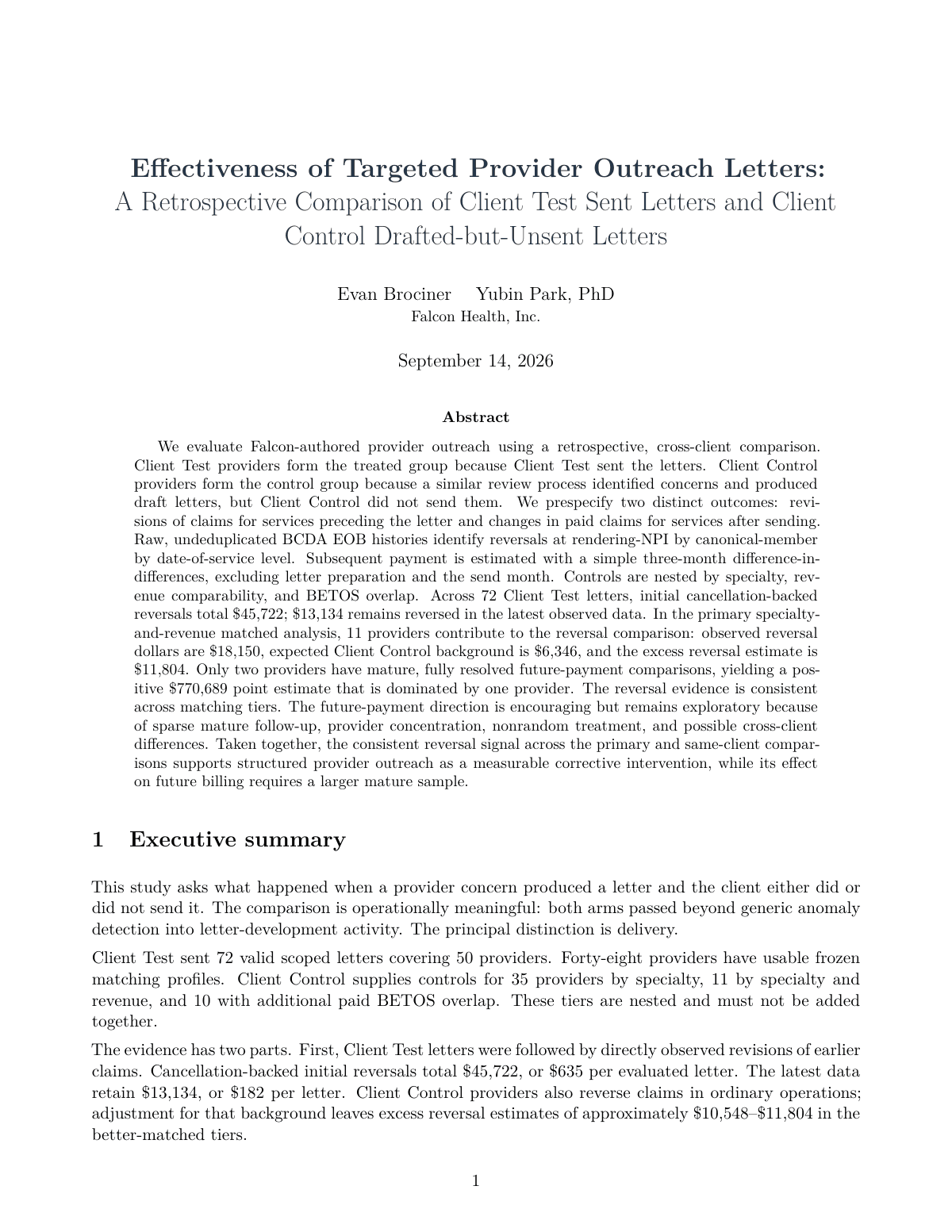 First-page preview of Targeted Provider Outreach Effectiveness Study
